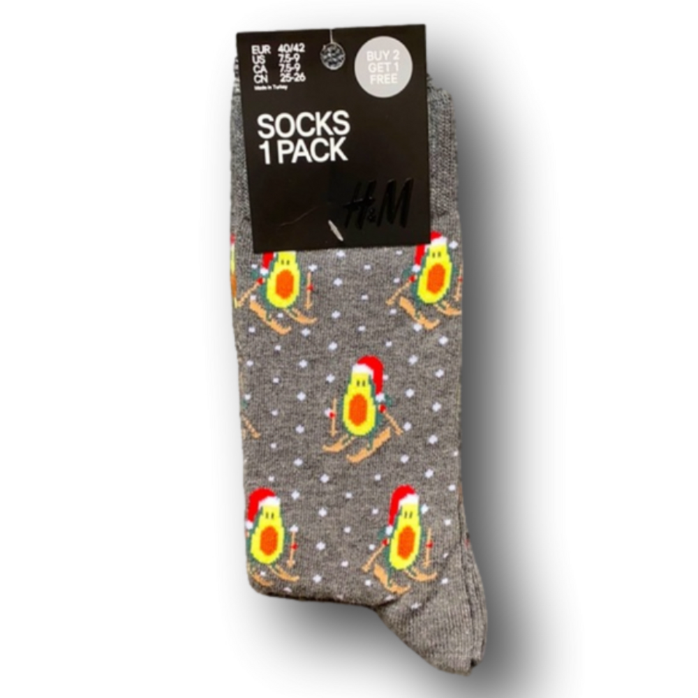 3/$18 Skiing Avocados With Santa Hats Christmas Holiday Funny Socks - Brand New